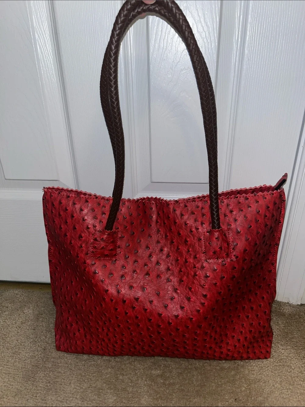 Milan Chiva Red Textured Tote with Braided Brown Shoulder Handles